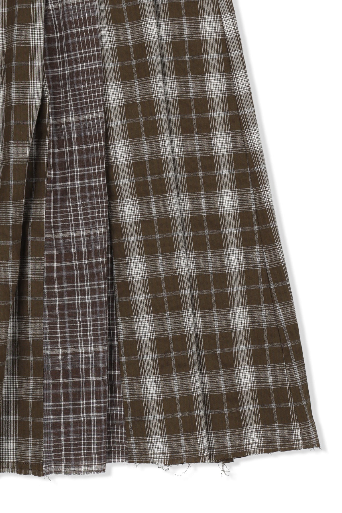 matinkim MIXED CHECK SLEEVE TIE FLARE SKIRT IN BROWN