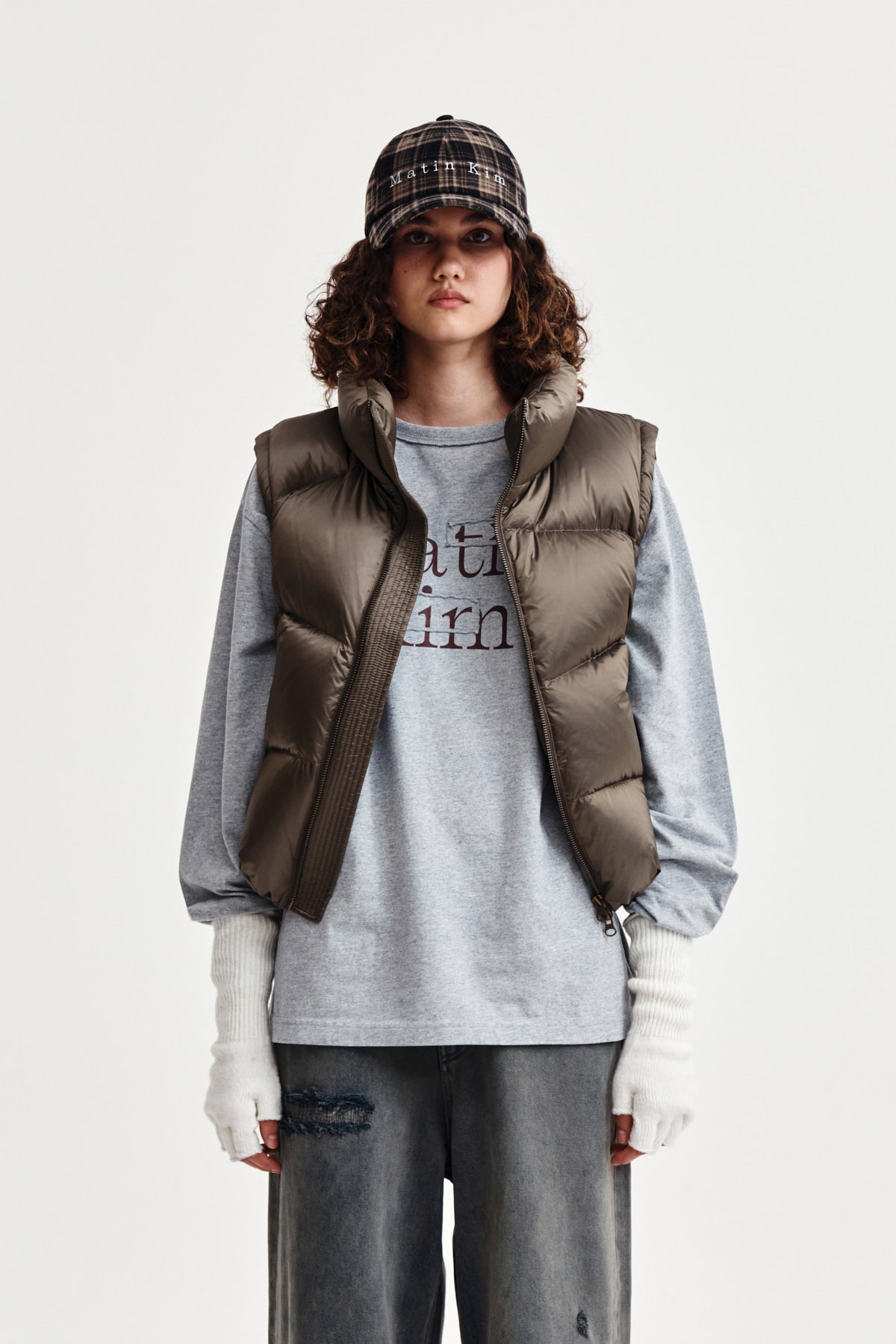 matinkim UNBALANCE QUILTED DOWN VEST FOR WOMEN IN KHAKI BROWN