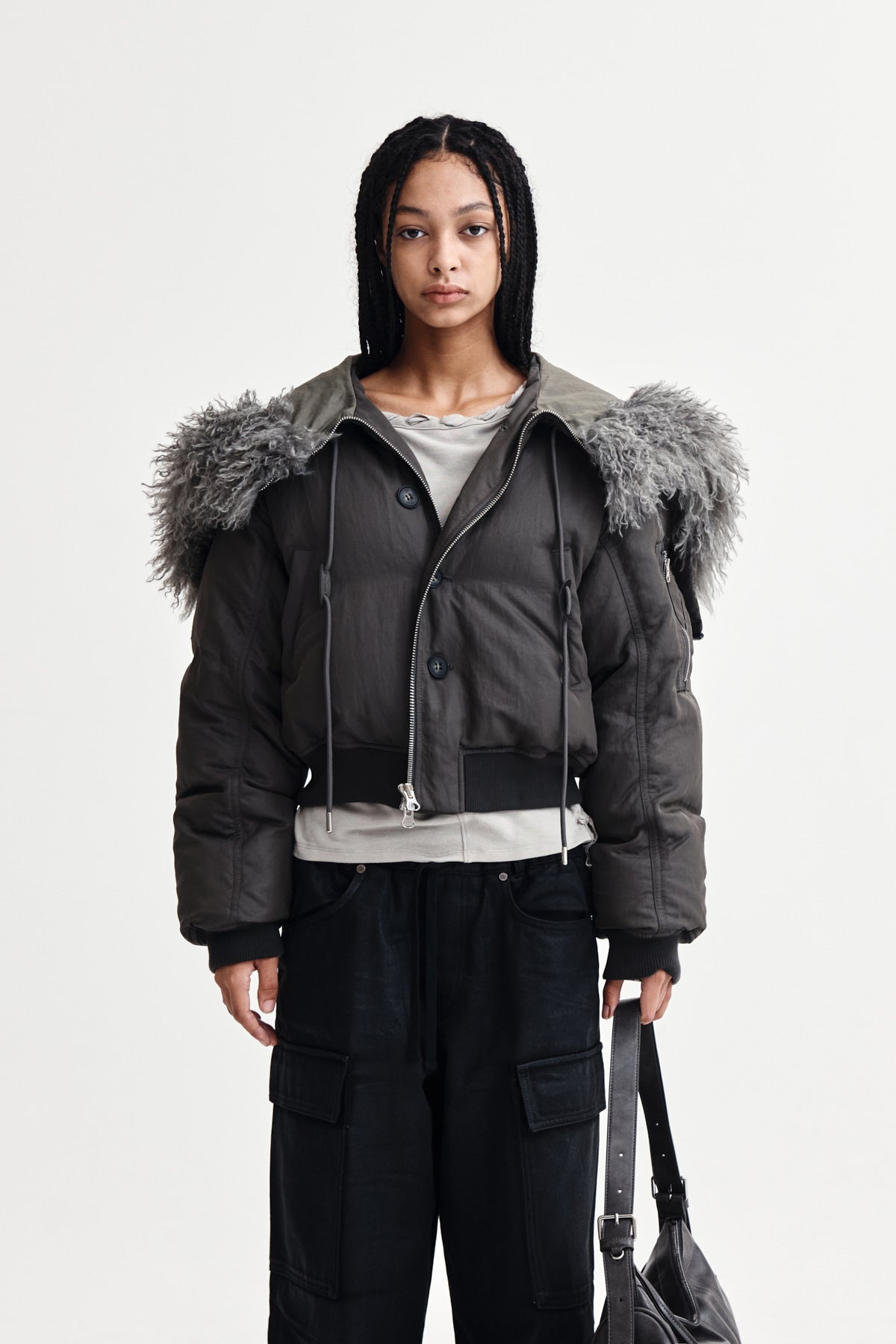 matinkim FUR HOODY BOMBER DOWN JUMPER IN DARK GREY