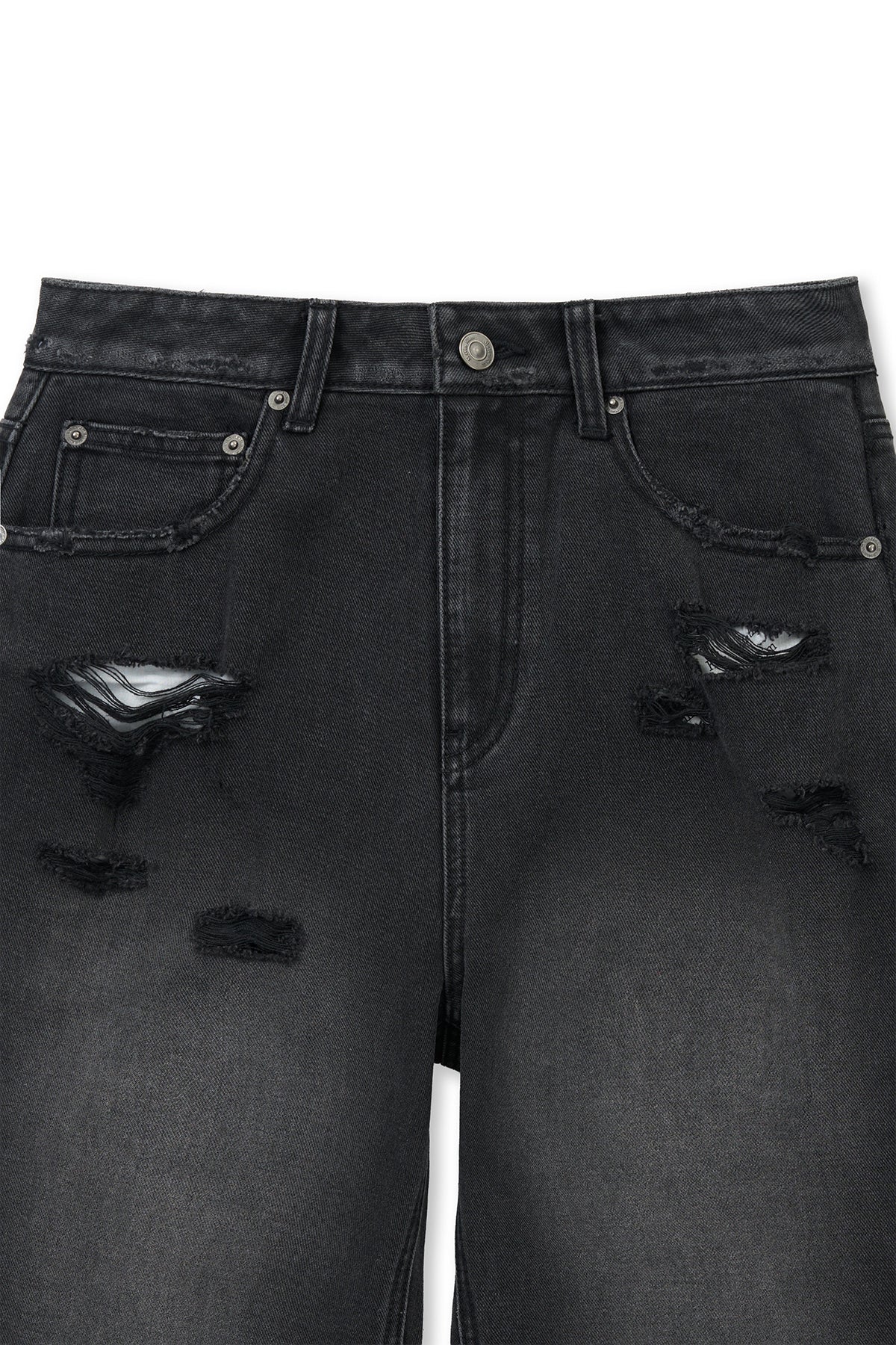 matinkim BACK POCKET PATCH DESTROYED DENIM PANTS IN BLACK