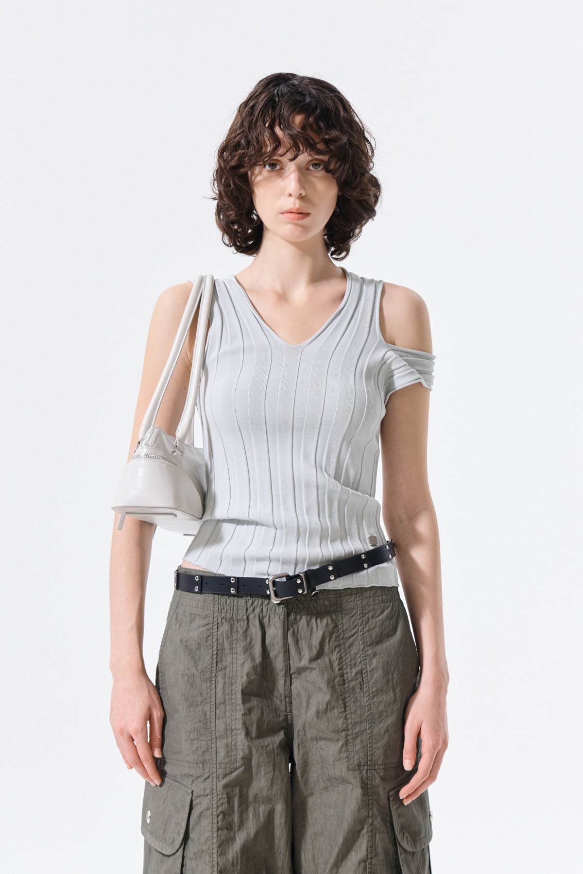 matinkim CUT OUT SLEEVELESS KNIT TOP IN LIGHT GREY