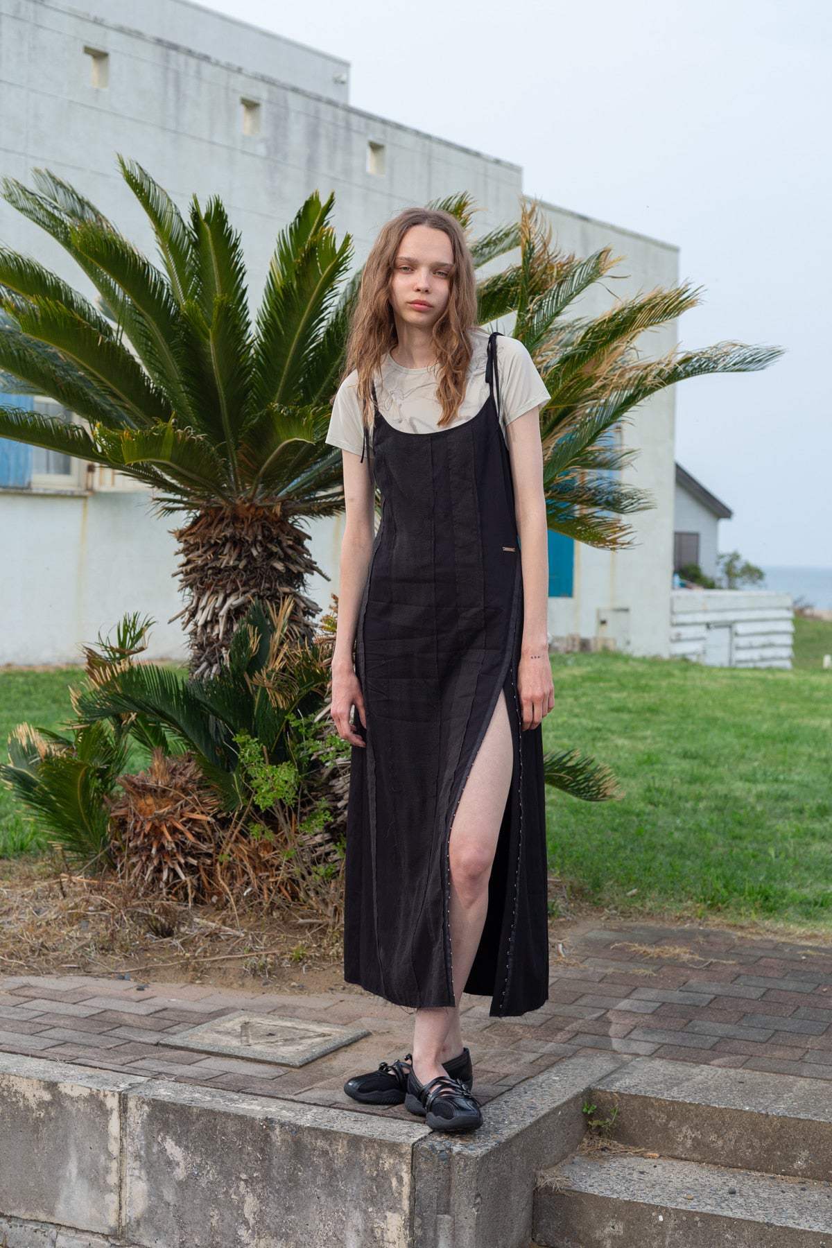 matinkim HOOK AND EYE LAYERED LONG DRESS IN BLACK