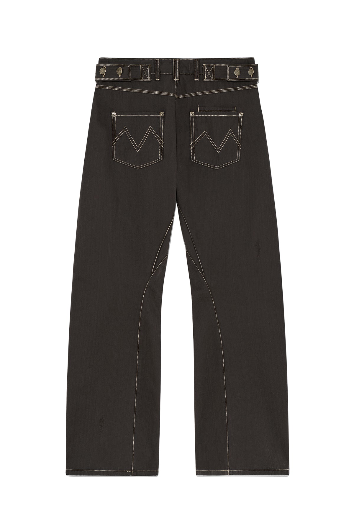 matinkim WAIST BUCKLE CURVED TWILL DENIM PANTS IN CHARCOAL
