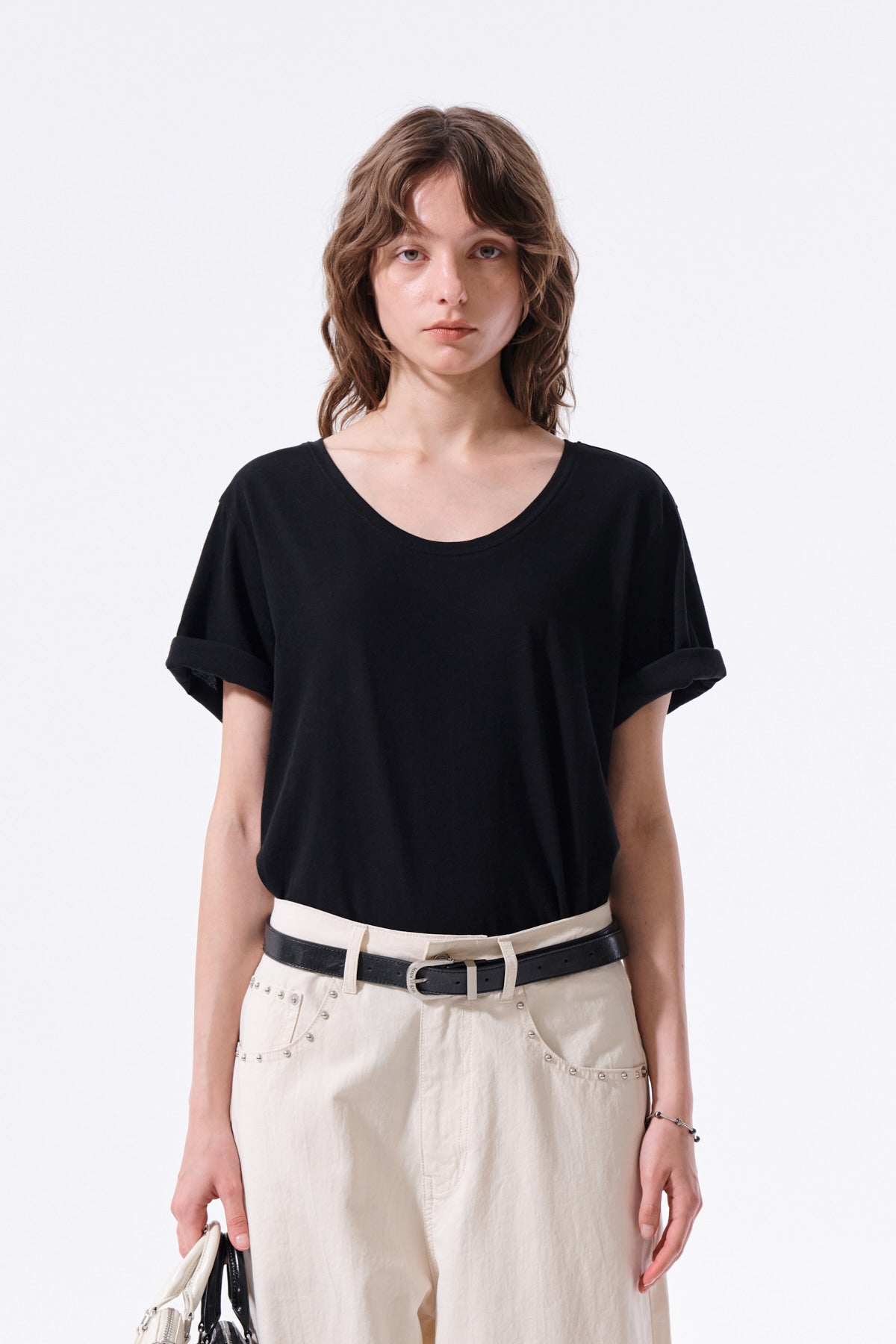matinkim LABEL POINT U NECK TOP IN BLACK