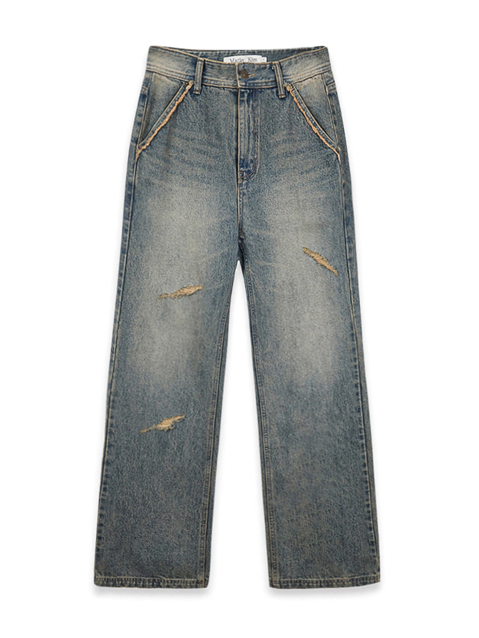 matinkim SEMI BOOTS CUT WASHED DENIM PANTS IN BLUE