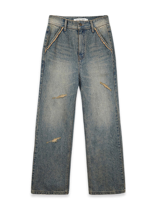 matinkim SEMI BOOTS CUT WASHED DENIM PANTS IN BLUE