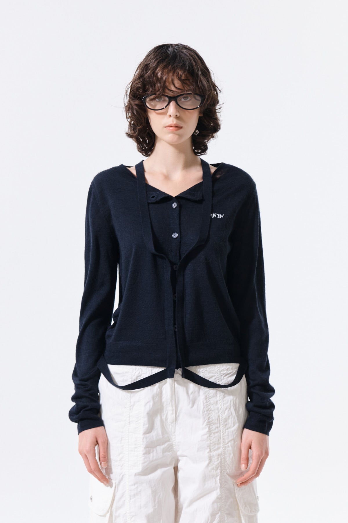 matinkim STRING DETAIL KNIT CARDIGAN IN DARK NAVY
