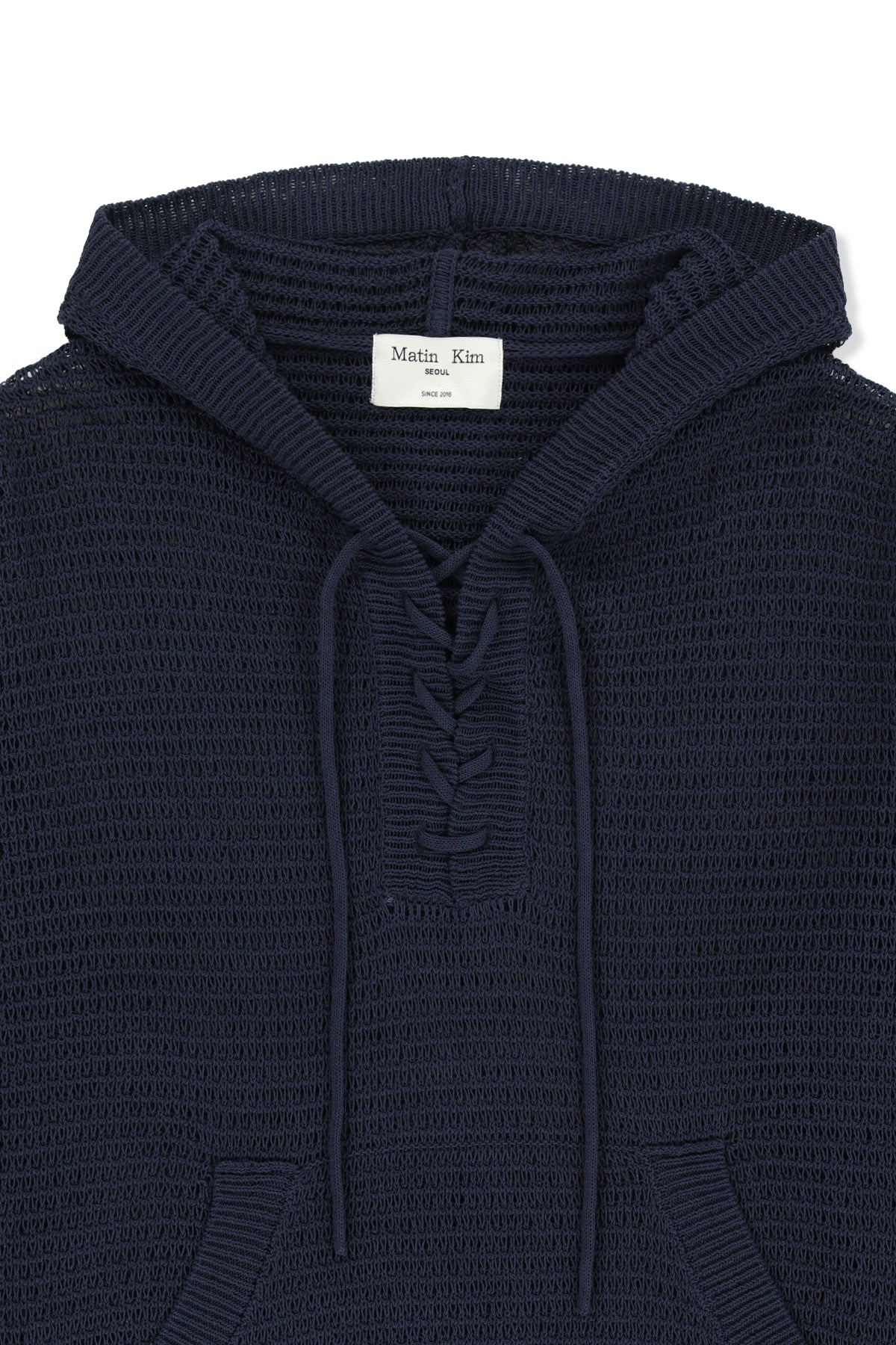 matinkim OVERSIZED MESH KNIT HOODIE IN NAVY