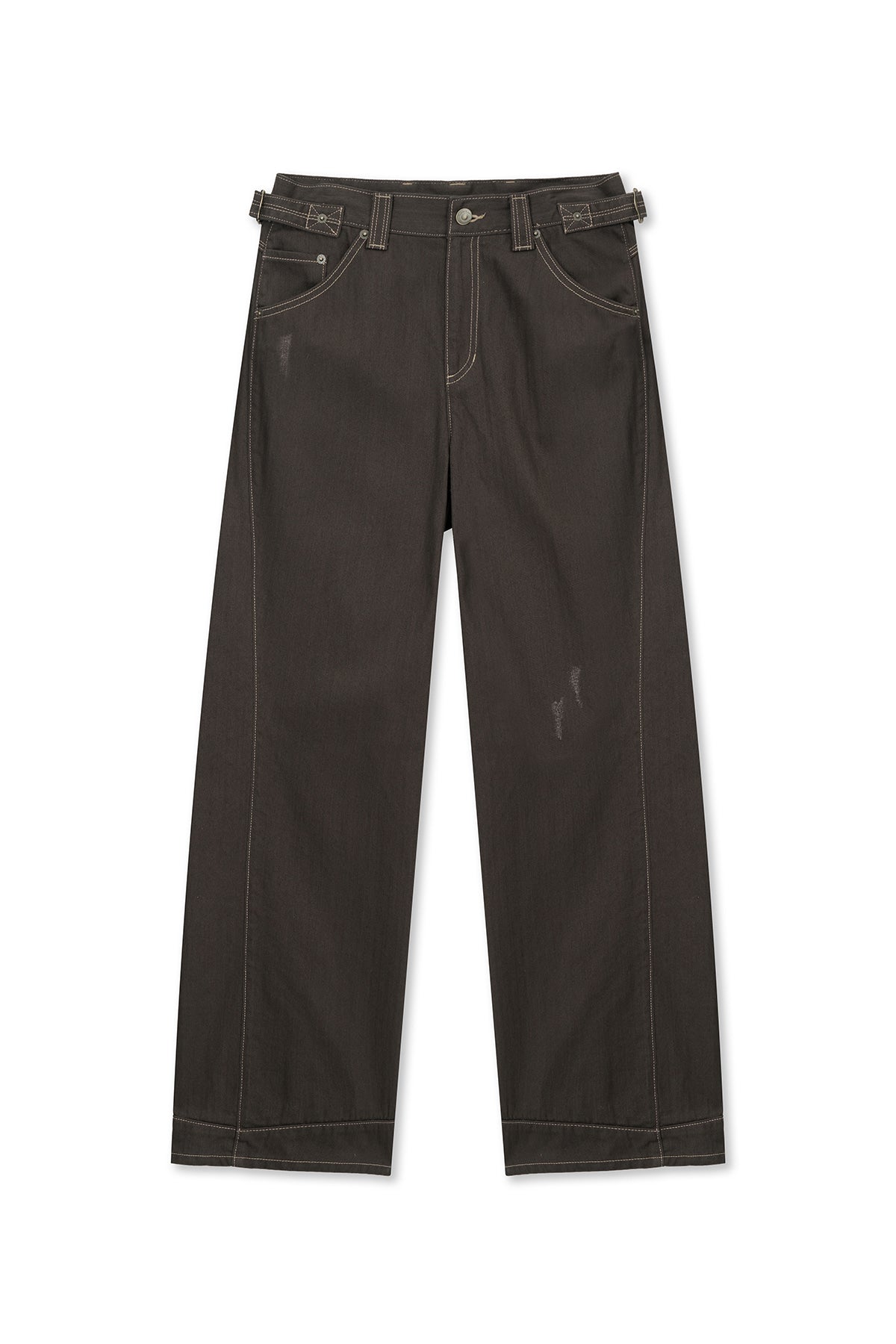 matinkim WAIST BUCKLE STITCH POINT TWILL DENIM PANTS IN BROWN