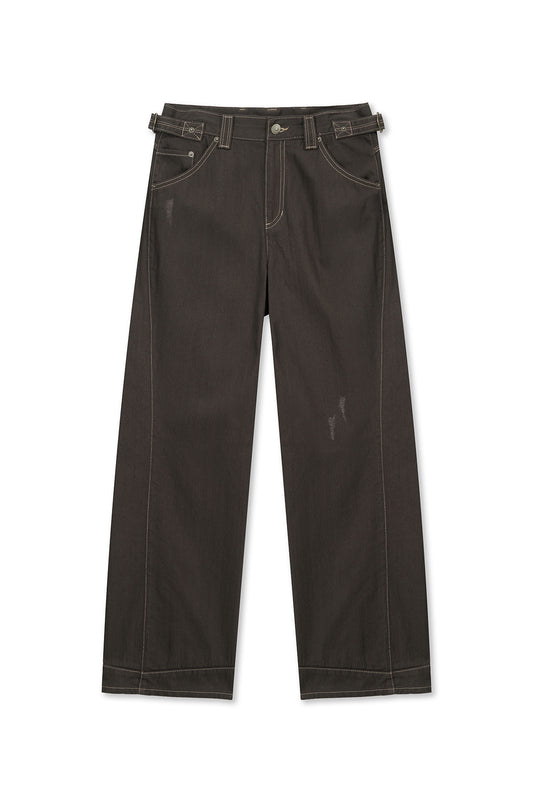 matinkim WAIST BUCKLE STITCH POINT TWILL DENIM PANTS IN BROWN