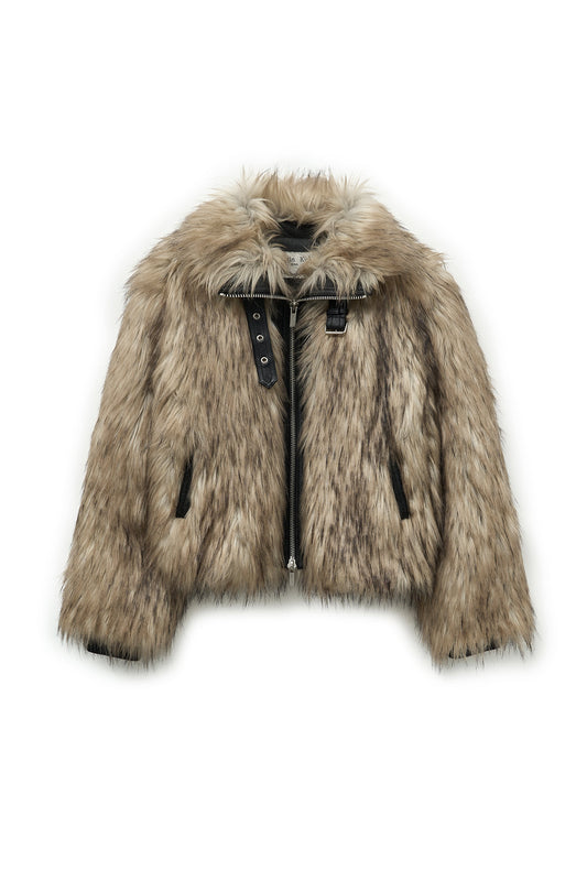 matinkim NECK BUCKLE CROP FUR JUMPER IN BEIGE