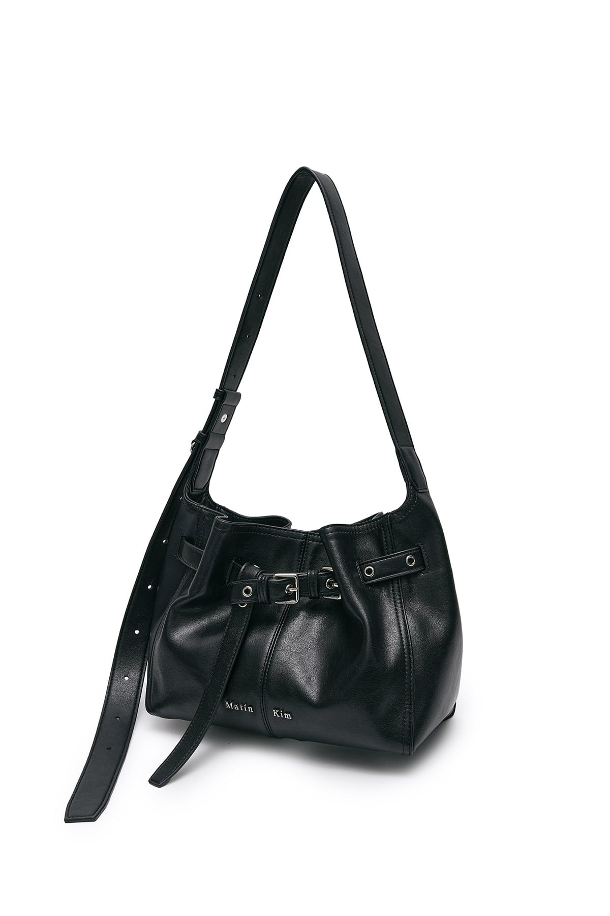 matinkim BELTED VOLUNN SMALL BUCKET BAG IN BLACK